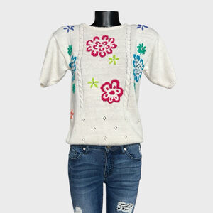Jantzen VTG 80s Short Sleeved Sweater Cotton Chunky Floral Knit Embroidery Retro
